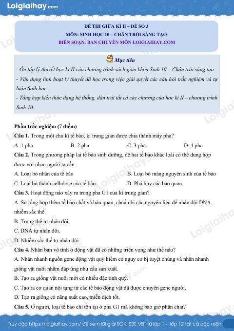 Đề thi giữa kì 2 Sinh 10 Chân trời sáng tạo - Đề số 3